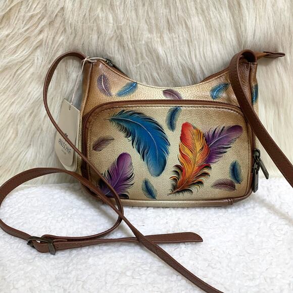 ANUSCHKA Colorful Small Hand Painted Leather "FEATHERS" Zip Top Organizer XBody - Picture 1 of 16